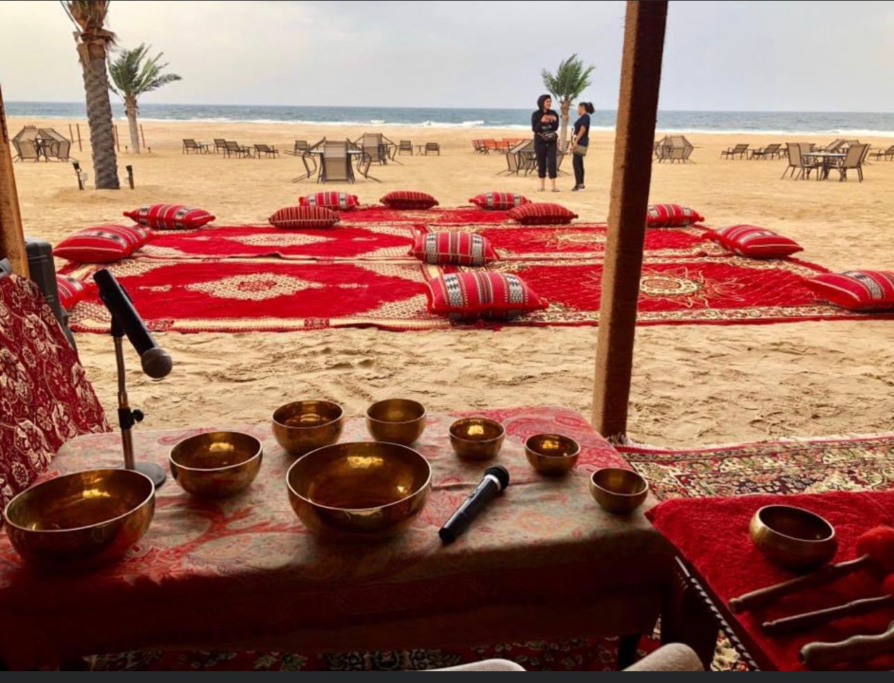 Outside setup of Tibetan singing bowls