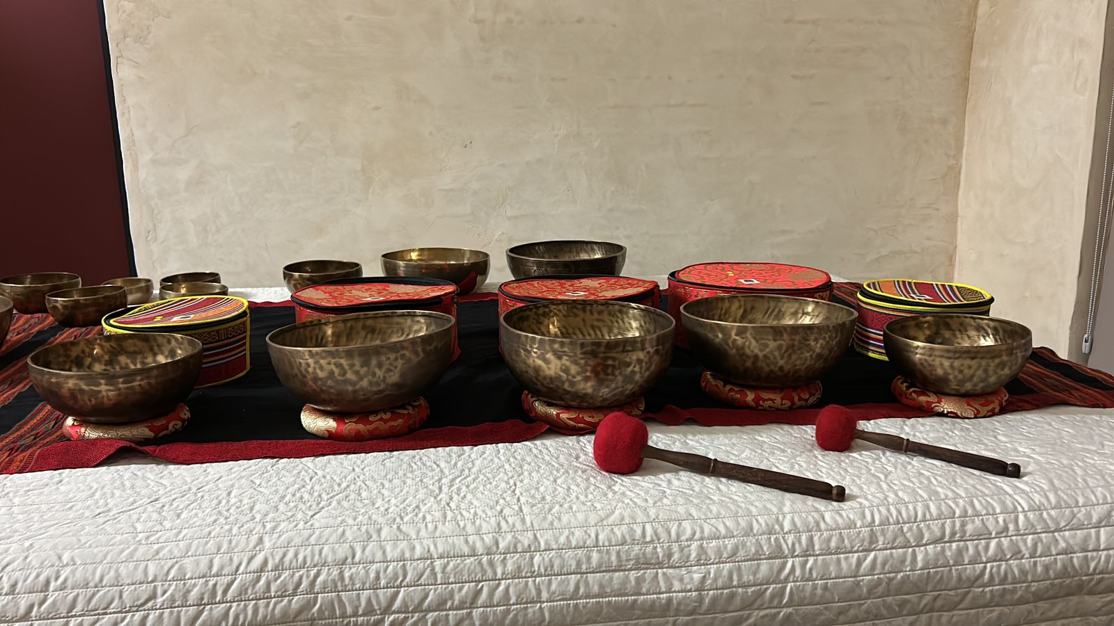 Tibetan singing bowls on table