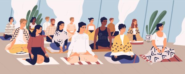 group young men women sitting floor meditating performing breath control exercise yoga retreat spiritual practice
